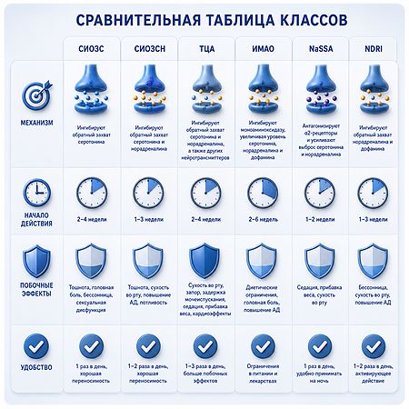Сравнительная таблица классов антидепрессантов по побочным эффектам и линии назначения