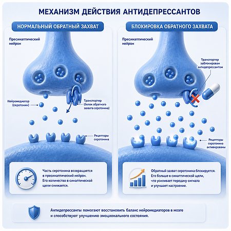 Схема работы антидепрессантов: синаптическая щель и обратный захват серотонина